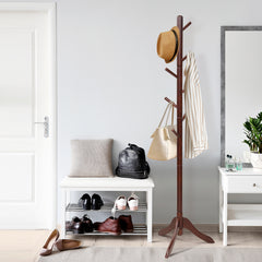 Perchero de Madera con 8 Ganchos Ajustables Árbol para Abrigos Montaje Sencillo Hasta 175cm-Marrón