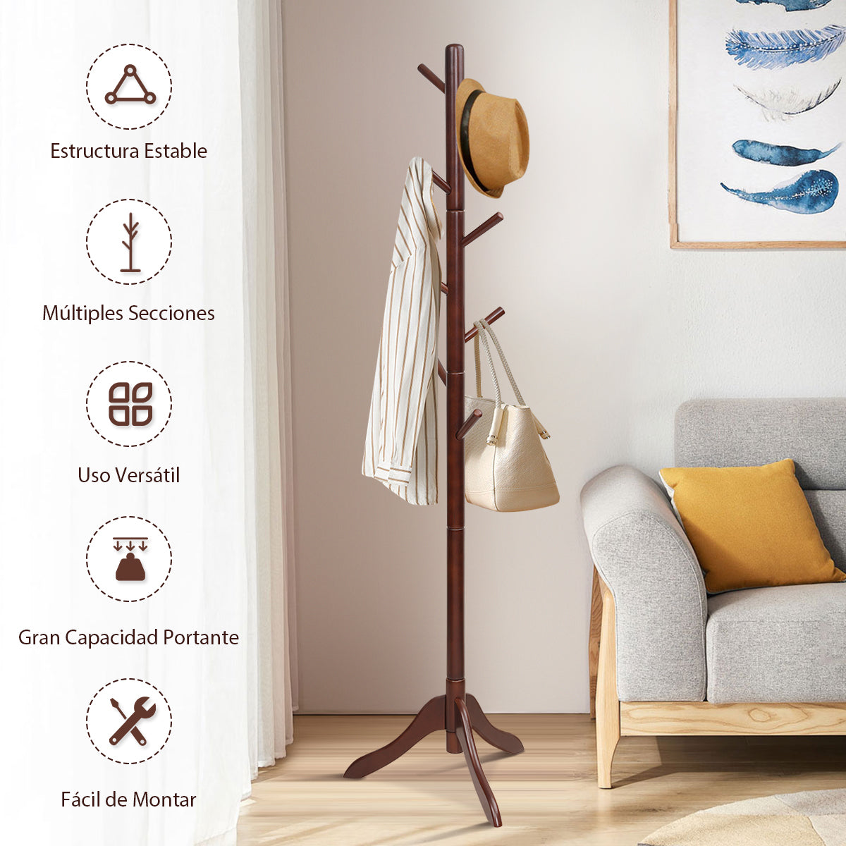 Perchero de Madera con 8 Ganchos Ajustables Árbol para Abrigos Montaje Sencillo Hasta 175cm-Marrón