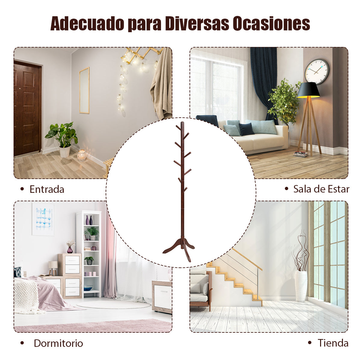 Perchero de Madera con 8 Ganchos Ajustables Árbol para Abrigos Montaje Sencillo Hasta 175cm-Marrón
