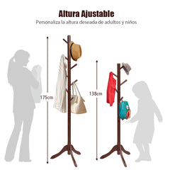 Perchero de Madera con 8 Ganchos Ajustables Árbol para Abrigos Montaje Sencillo Hasta 175cm-Marrón
