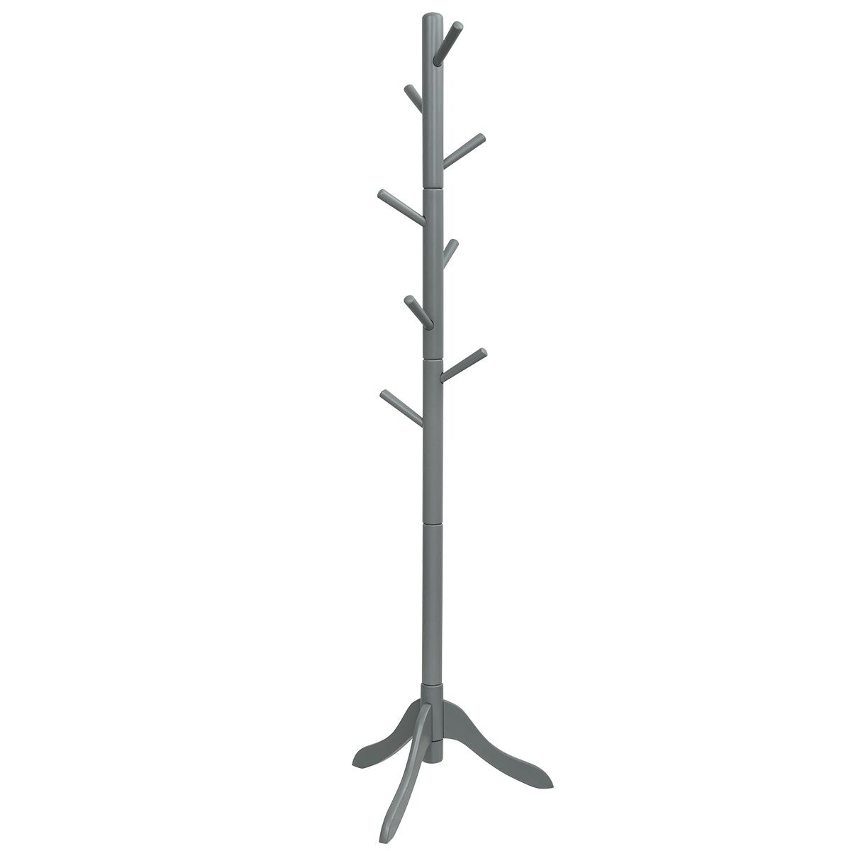 Perchero de Madera con 8 Ganchos Ajustables Árbol para Abrigos Montaje Sencillo Hasta 175cm-Gris