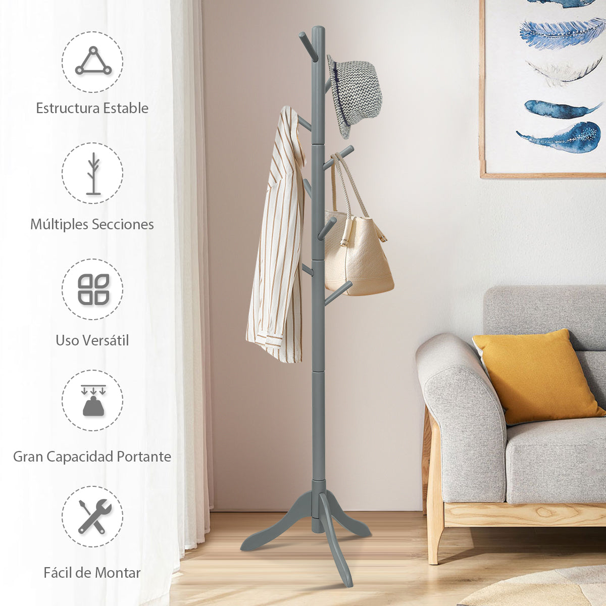 Perchero de Madera con 8 Ganchos Ajustables Árbol para Abrigos Montaje Sencillo Hasta 175cm-Gris