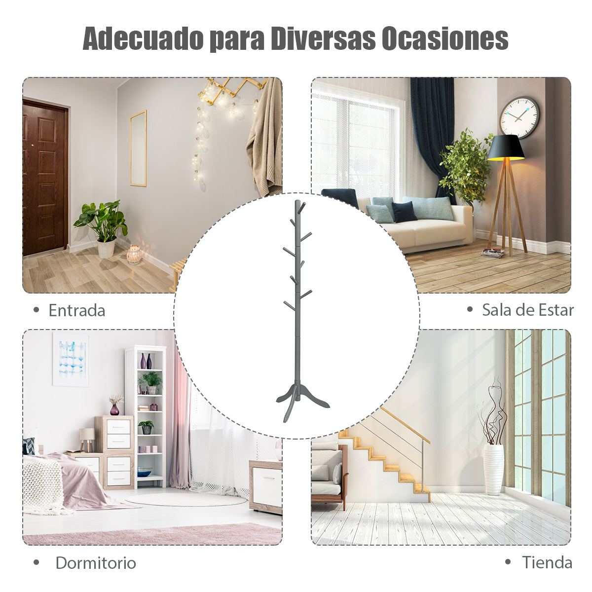 Perchero de Madera con 8 Ganchos Ajustables Árbol para Abrigos Montaje Sencillo Hasta 175cm-Gris