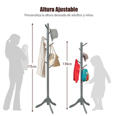 Perchero de Madera con 8 Ganchos Ajustables Árbol para Abrigos Montaje Sencillo Hasta 175cm-Gris