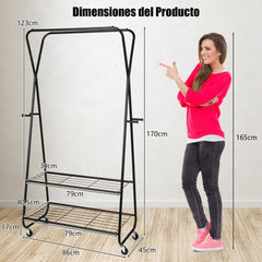 Perchero de Metal con Ruedas Doble Barra de Colgar Estantes Ganchos Organizador de Ropa Multifuncional 86 x 45 x 170 cm Negro