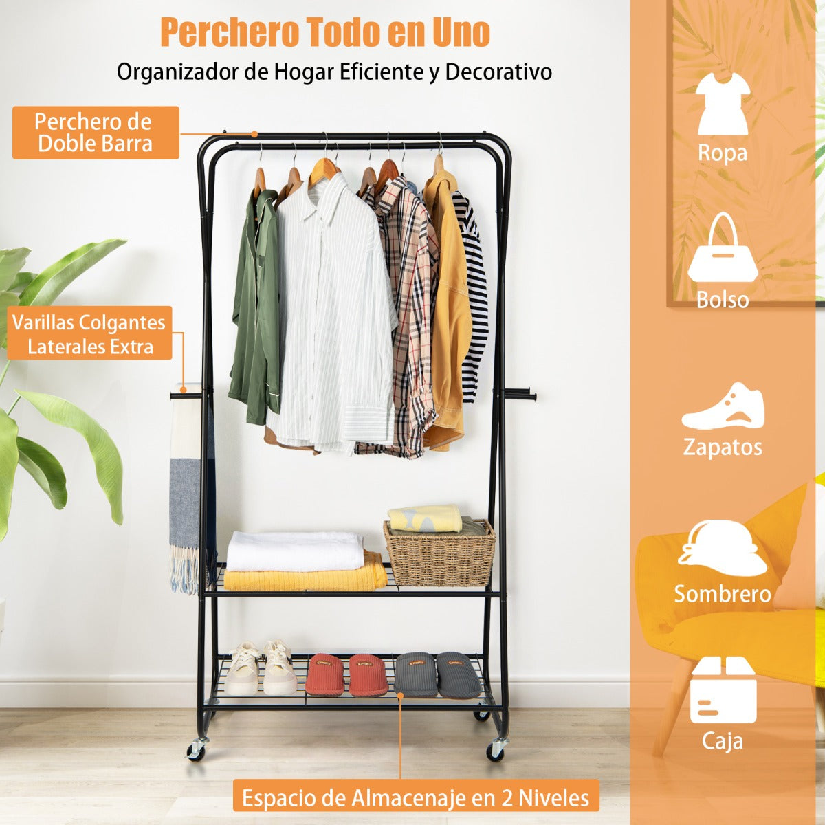 Perchero de Metal con Ruedas Doble Barra de Colgar Estantes Ganchos Organizador de Ropa Multifuncional 86 x 45 x 170 cm Negro