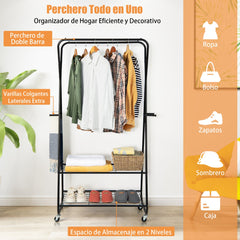 Perchero de Metal con Ruedas Doble Barra de Colgar Estantes Ganchos Organizador de Ropa Multifuncional 86 x 45 x 170 cm Negro