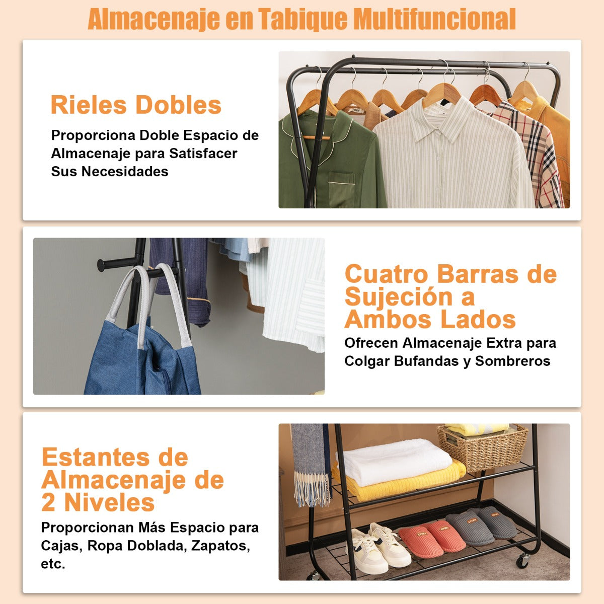 Perchero de Metal con Ruedas Doble Barra de Colgar Estantes Ganchos Organizador de Ropa Multifuncional 86 x 45 x 170 cm Negro