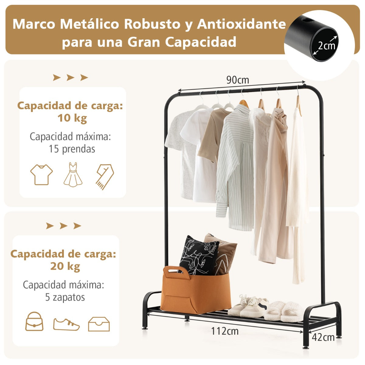 Perchero de Metal para Ropa con Barra en la Parte de Arriba y Estante de Almacenamiento 112 x 42 x 145 cm Negro