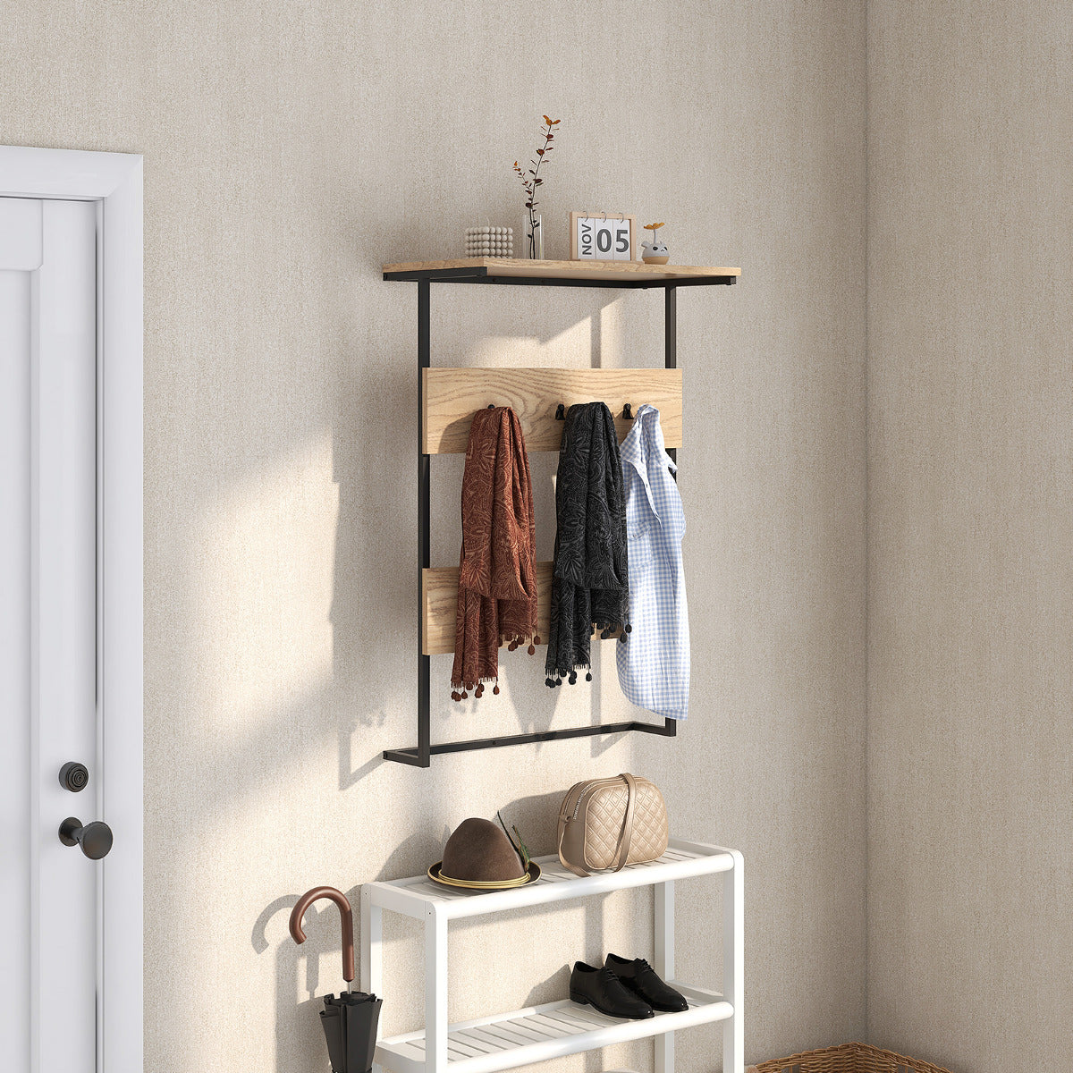 Perchero de Pared para Entrada con 6 Ganchos y Estante de Exhibición Marco de Metal Estilo Vintage para Pasillo Dormitorio Baño Natural