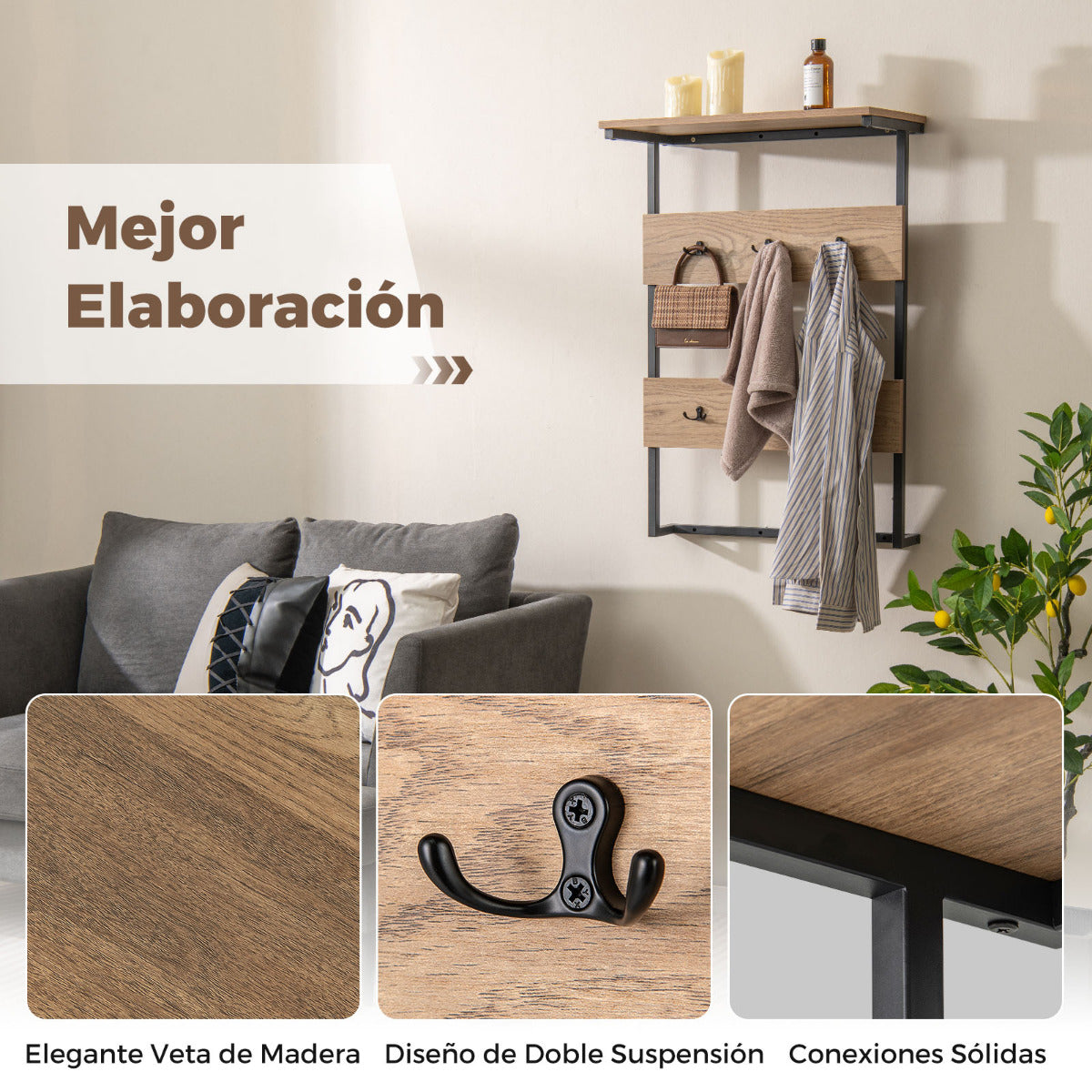 Perchero de Pared para Entrada con 6 Ganchos y Estante de Exhibición Marco de Metal Estilo Vintage para Pasillo Dormitorio Baño Natural