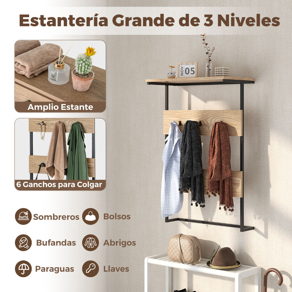 Perchero de Pared para Entrada con 6 Ganchos y Estante de Exhibición Marco de Metal Estilo Vintage para Pasillo Dormitorio Baño Natural