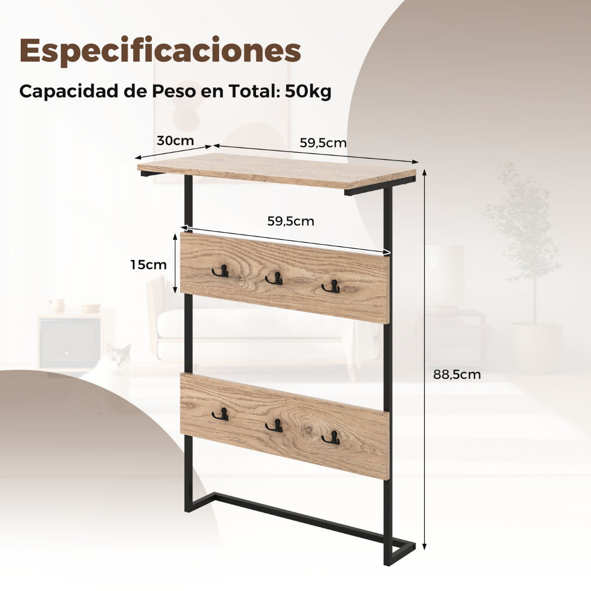 Perchero de Pared para Entrada con 6 Ganchos y Estante de Exhibición Marco de Metal Estilo Vintage para Pasillo Dormitorio Baño Natural