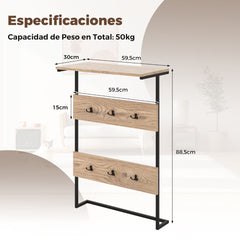 Perchero de Pared para Entrada con 6 Ganchos y Estante de Exhibición Marco de Metal Estilo Vintage para Pasillo Dormitorio Baño Natural
