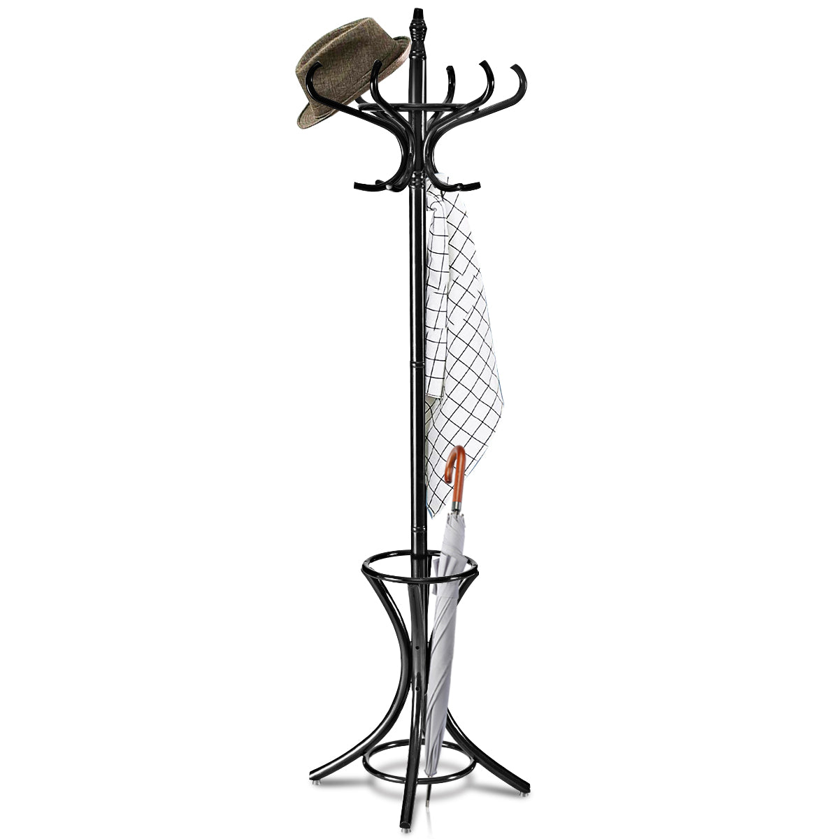 Perchero de Pie de Madera 184cm Perchero Árbol con Soporte 12 Perchas para Colgar Ropa Sombrero para Habitación Entrada Negro