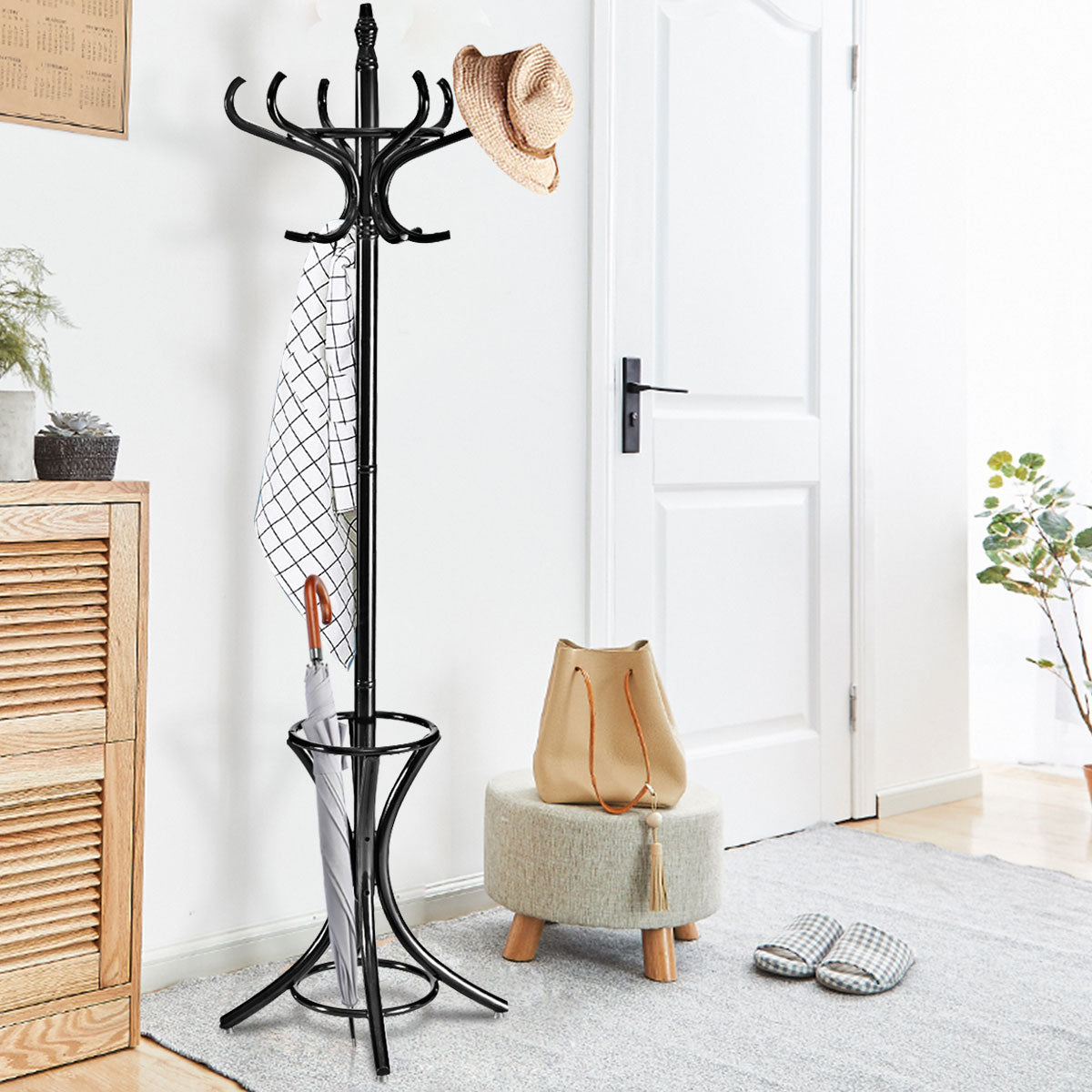 Perchero de Pie de Madera 184cm Perchero Árbol con Soporte 12 Perchas para Colgar Ropa Sombrero para Habitación Entrada Negro