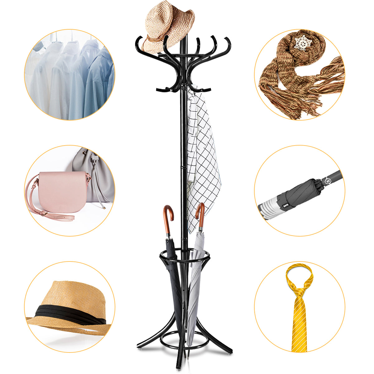 Perchero de Pie de Madera 184cm Perchero Árbol con Soporte 12 Perchas para Colgar Ropa Sombrero para Habitación Entrada Negro