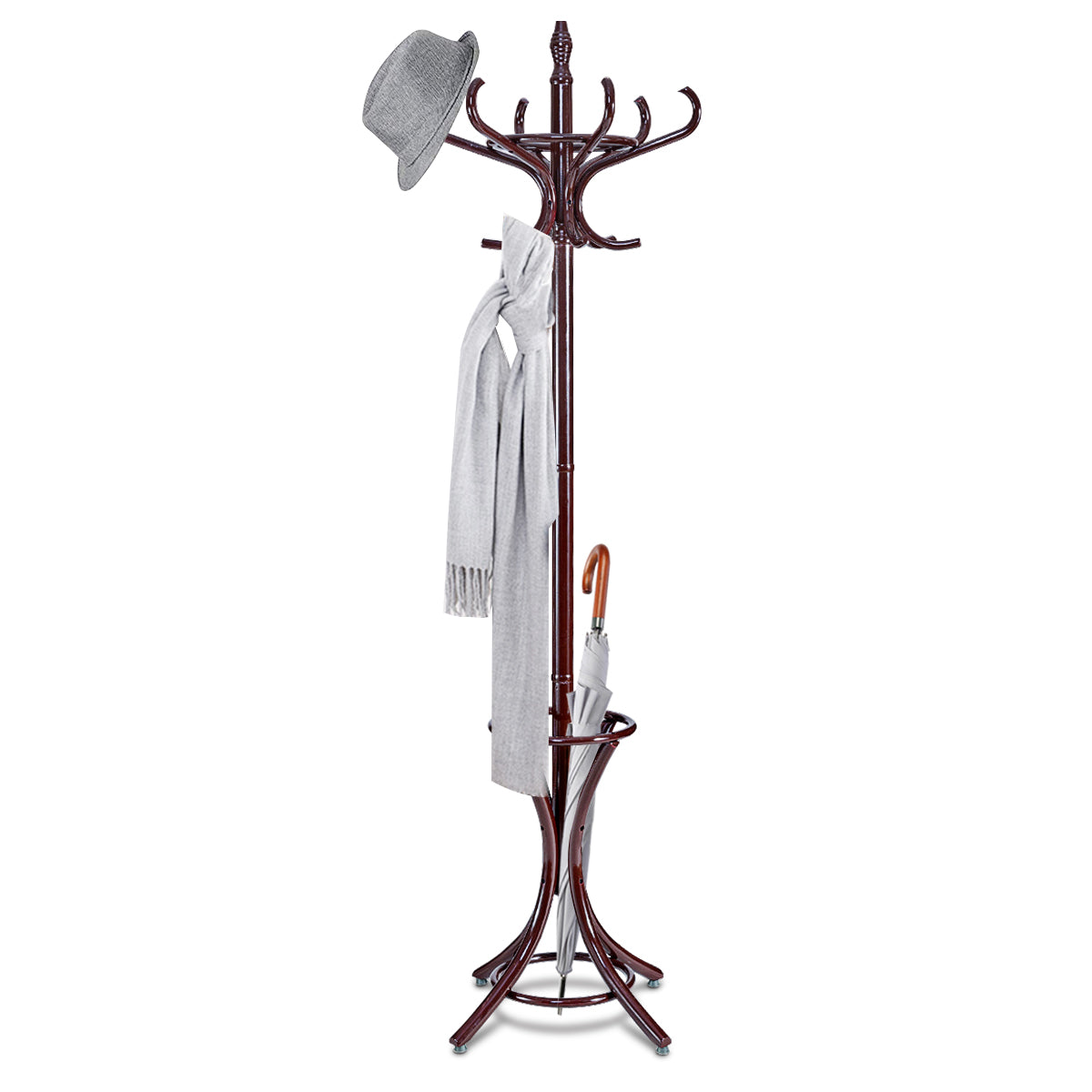 Perchero de Pie de Madera 184cm Perchero Árbol con Soporte 12 Perchas para Colgar Ropa Sombrero para Habitación Entrada Marrón