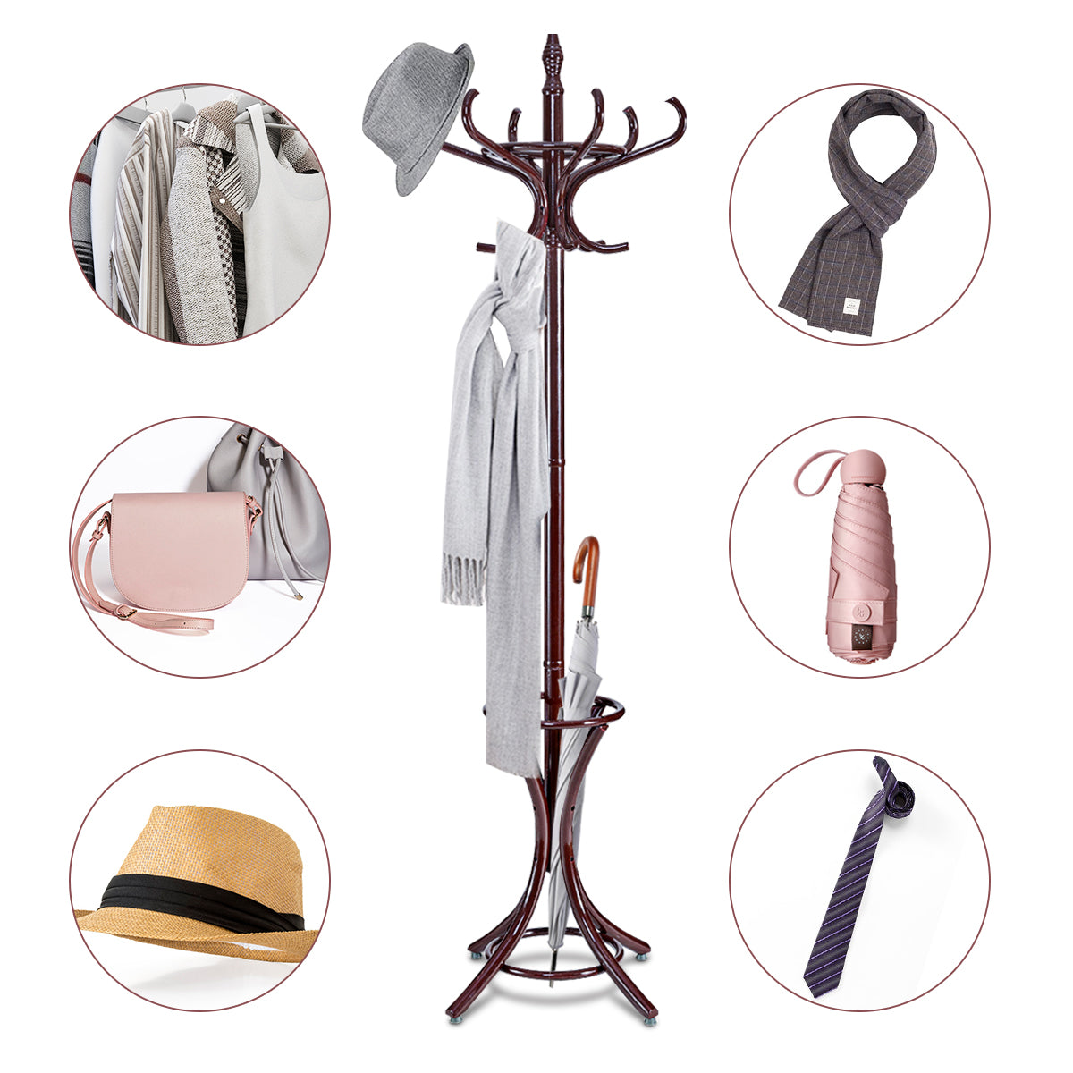 Perchero de Pie de Madera 184cm Perchero Árbol con Soporte 12 Perchas para Colgar Ropa Sombrero para Habitación Entrada Marrón