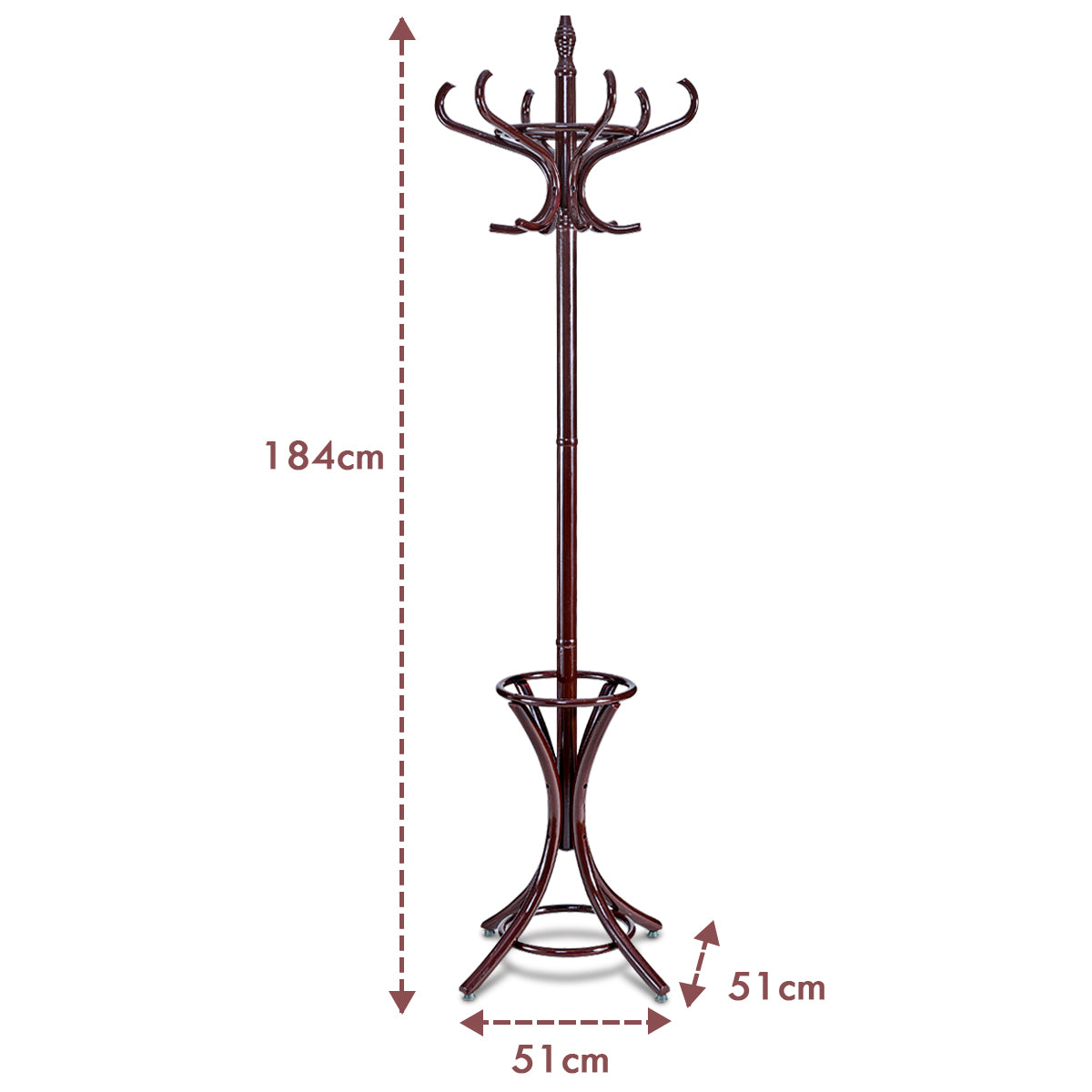 Perchero de Pie de Madera 184cm Perchero Árbol con Soporte 12 Perchas para Colgar Ropa Sombrero para Habitación Entrada Marrón