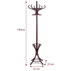 Perchero de Pie de Madera 184cm Perchero Árbol con Soporte 12 Perchas para Colgar Ropa Sombrero para Habitación Entrada Marrón
