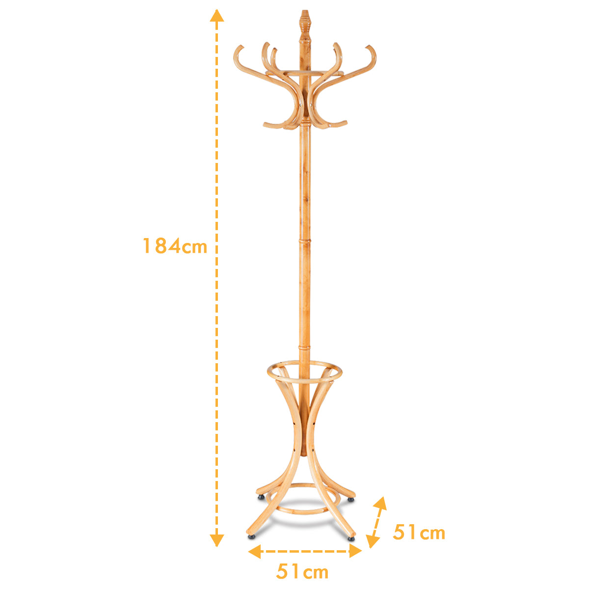 Perchero de Pie de Madera 184cm Perchero Árbol con Soporte 12 Perchas para Colgar Ropa Sombrero para Habitación Entrada Natural
