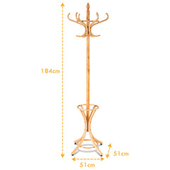 Perchero de Pie de Madera 184cm Perchero Árbol con Soporte 12 Perchas para Colgar Ropa Sombrero para Habitación Entrada Natural