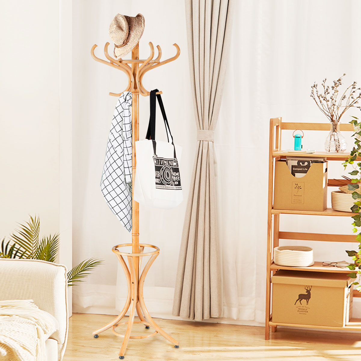 Perchero de Pie de Madera 184cm Perchero Árbol con Soporte 12 Perchas para Colgar Ropa Sombrero para Habitación Entrada Natural