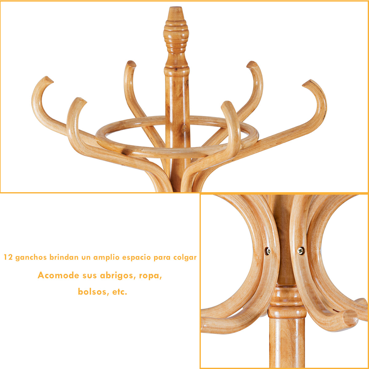 Perchero de Pie de Madera 184cm Perchero Árbol con Soporte 12 Perchas para Colgar Ropa Sombrero para Habitación Entrada Natural