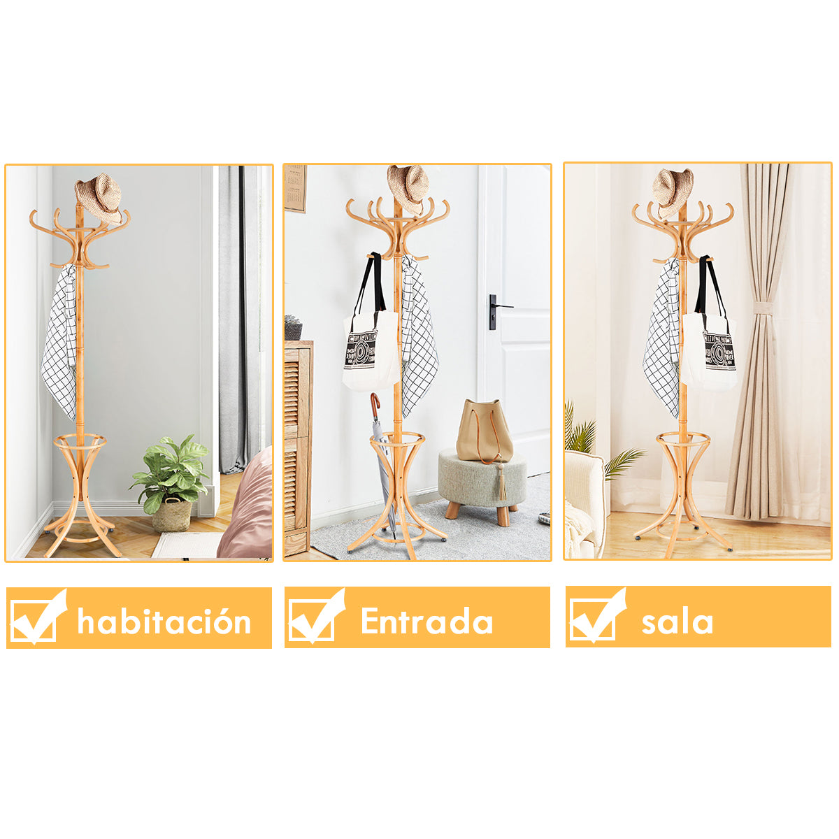 Perchero de Pie de Madera 184cm Perchero Árbol con Soporte 12 Perchas para Colgar Ropa Sombrero para Habitación Entrada Natural