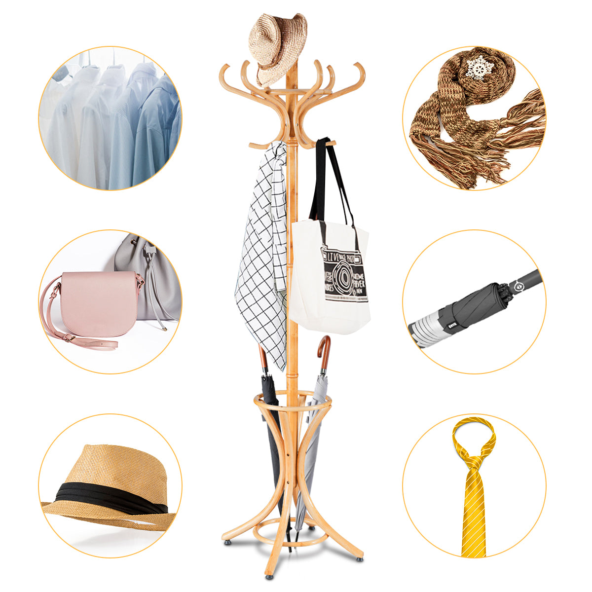 Perchero de Pie de Madera 184cm Perchero Árbol con Soporte 12 Perchas para Colgar Ropa Sombrero para Habitación Entrada Natural