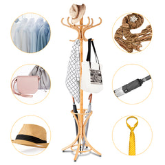 Perchero de Pie de Madera 184cm Perchero Árbol con Soporte 12 Perchas para Colgar Ropa Sombrero para Habitación Entrada Natural