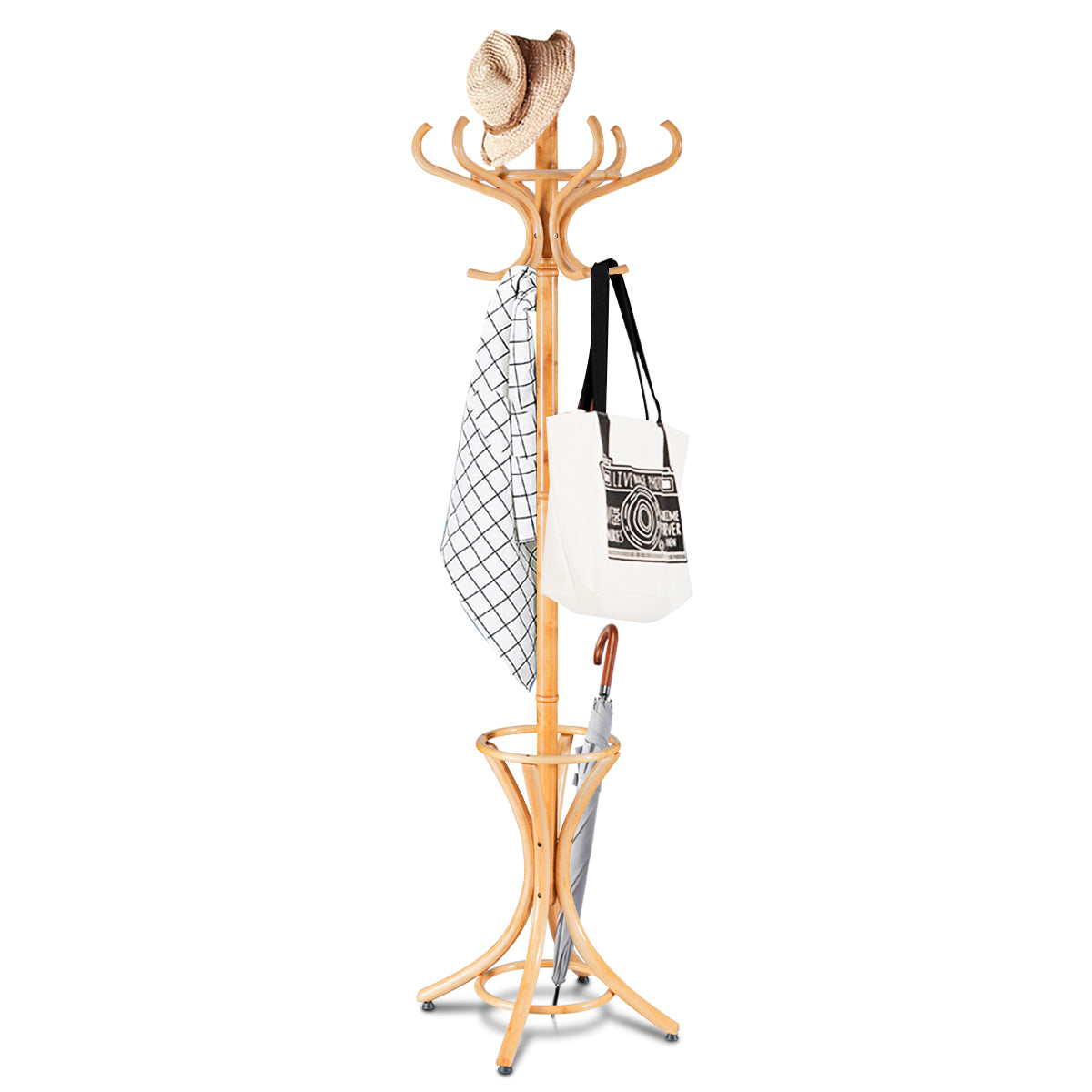 Perchero de Pie de Madera 184cm Perchero Árbol con Soporte 12 Perchas para Colgar Ropa Sombrero para Habitación Entrada Natural