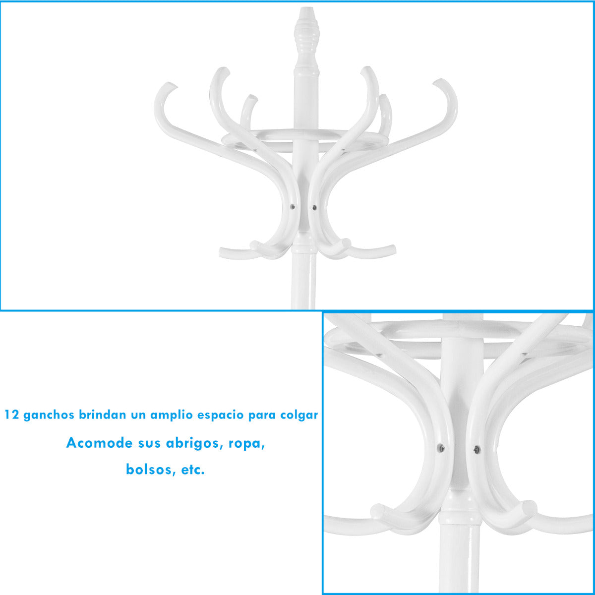 Perchero de Pie de Madera 184cm Perchero Árbol con Soporte 12 Perchas para Colgar Ropa Sombrero para Habitación Entrada Blanco