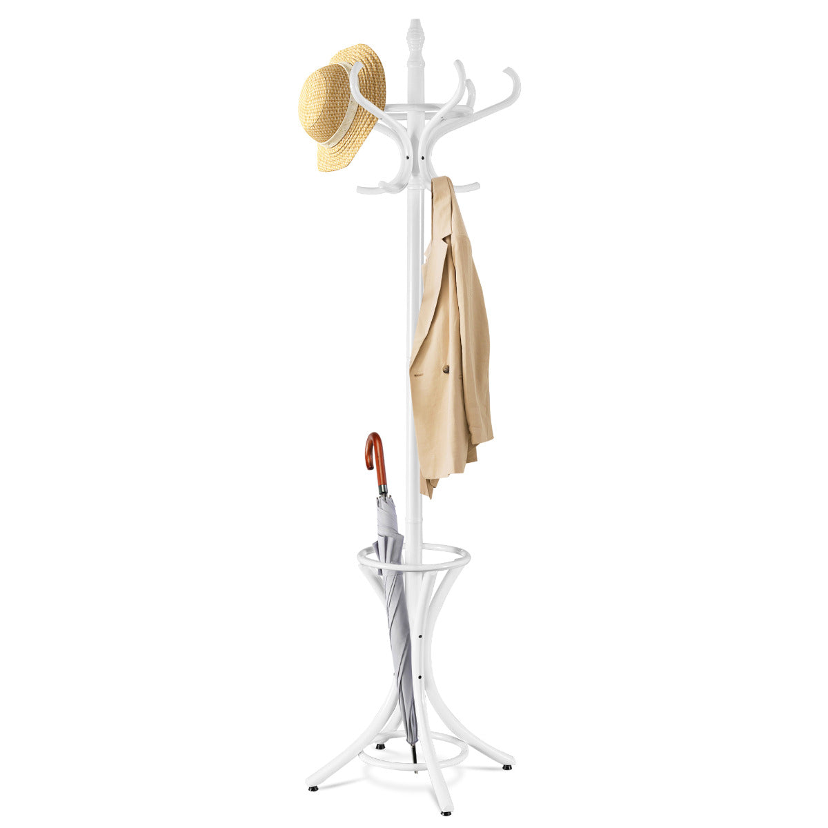 Perchero de Pie de Madera 184cm Perchero Árbol con Soporte 12 Perchas para Colgar Ropa Sombrero para Habitación Entrada Blanco
