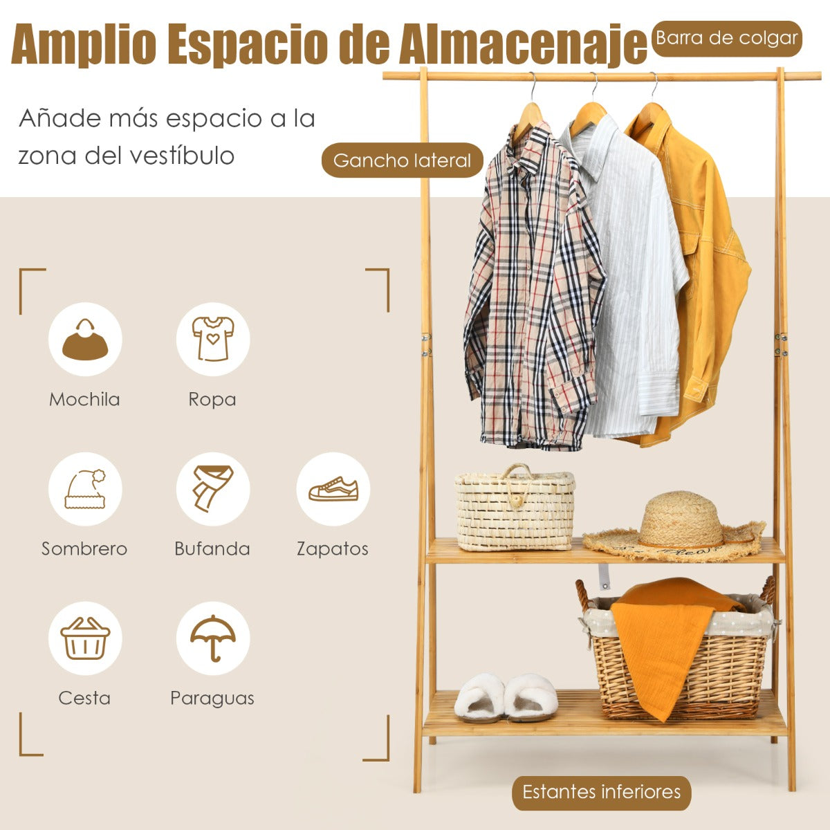 Perchero de Ropa de Bambú con Estantería de 2 Niveles para Almacenamiento Fácil de Montar 101 x 45 x 160 cm Natural