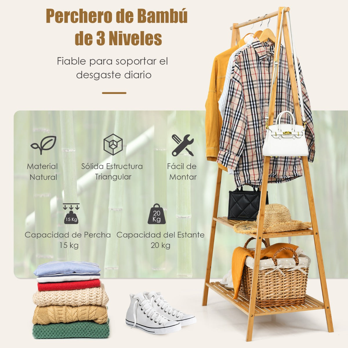 Perchero de Ropa de Bambú con Estantería de 2 Niveles para Almacenamiento Fácil de Montar 101 x 45 x 160 cm Natural
