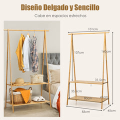 Perchero de Ropa de Bambú con Estantería de 2 Niveles para Almacenamiento Fácil de Montar 101 x 45 x 160 cm Natural