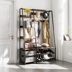 Perchero de Ropa con Banco y Zapatero Guardarropa Industrial con Banco de Entrada 2 Cajones 6 Estantes 9 Danchos 122 x 40 x 180 cm Marrón