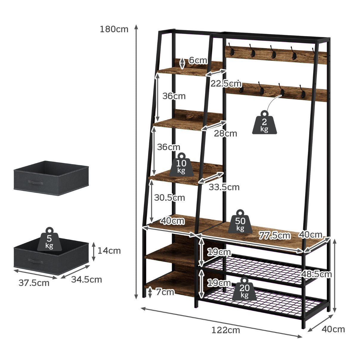 Perchero de Ropa con Banco y Zapatero Guardarropa Industrial con Banco de Entrada 2 Cajones 6 Estantes 9 Danchos 122 x 40 x 180 cm Marrón