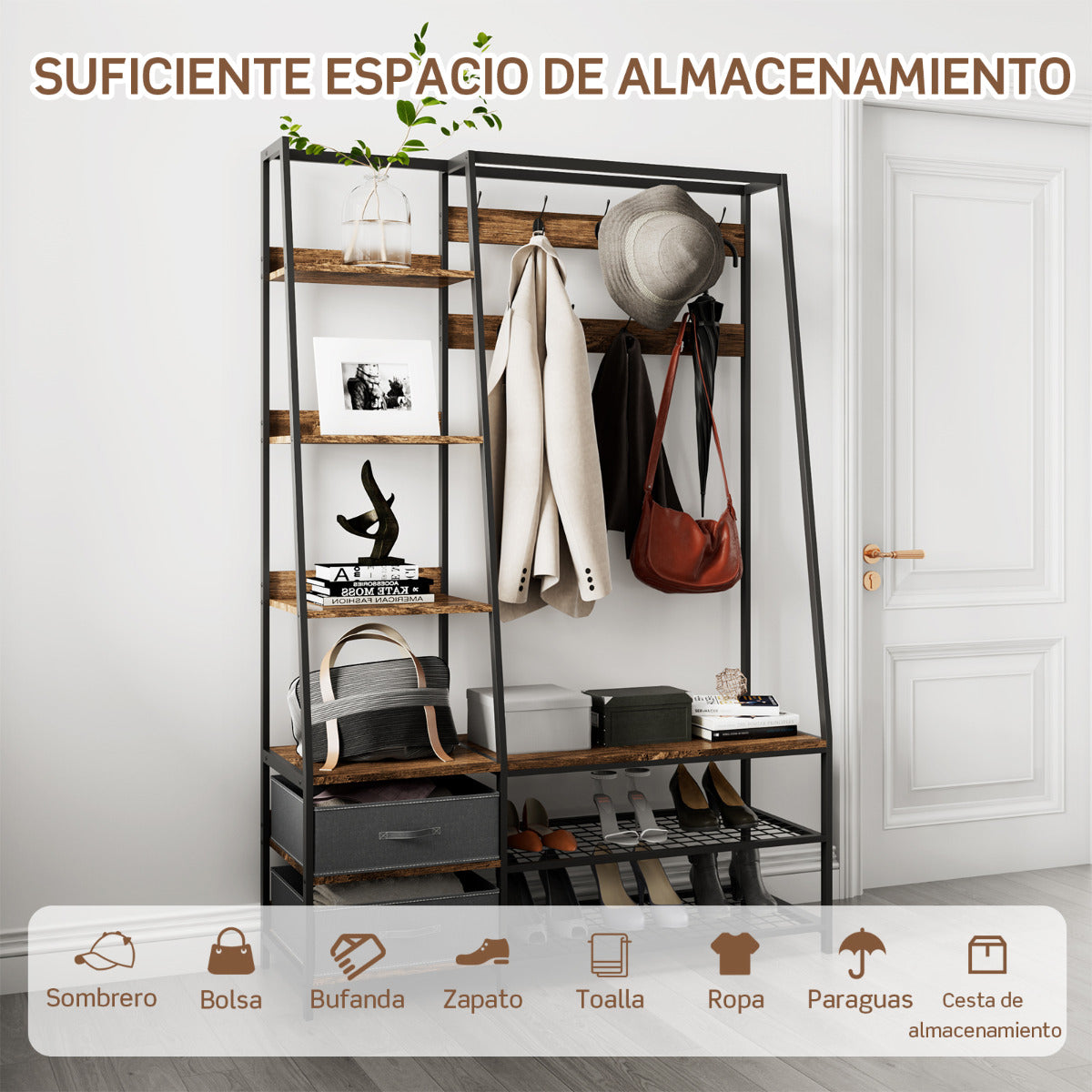 Perchero de Ropa con Banco y Zapatero Guardarropa Industrial con Banco de Entrada 2 Cajones 6 Estantes 9 Danchos 122 x 40 x 180 cm Marrón