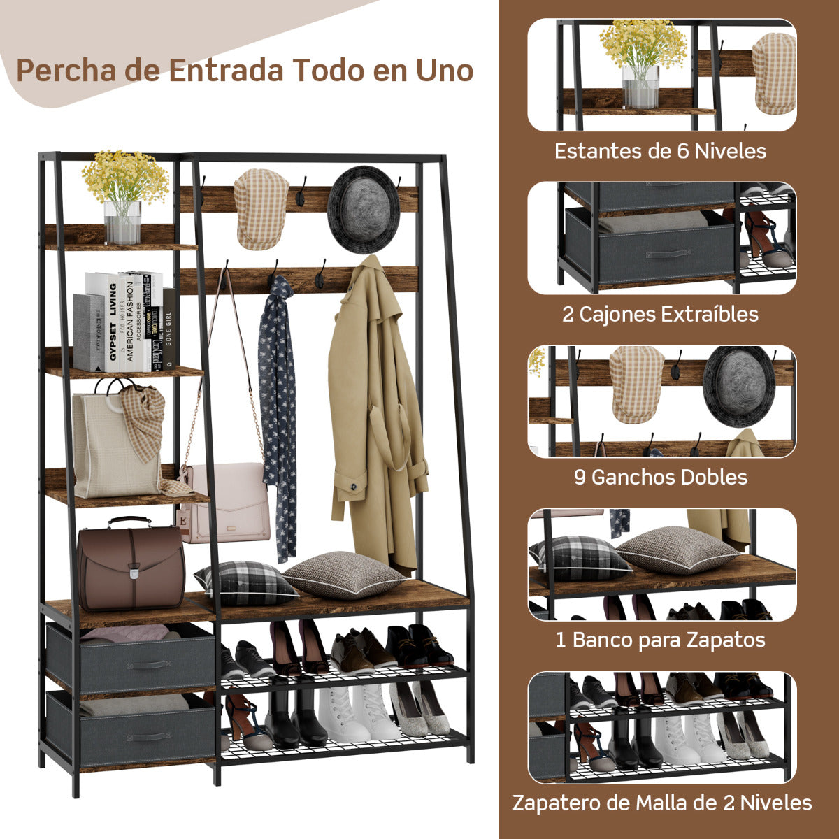 Perchero de Ropa con Banco y Zapatero Guardarropa Industrial con Banco de Entrada 2 Cajones 6 Estantes 9 Danchos 122 x 40 x 180 cm Marrón