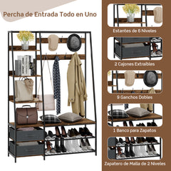 Perchero de Ropa con Banco y Zapatero Guardarropa Industrial con Banco de Entrada 2 Cajones 6 Estantes 9 Danchos 122 x 40 x 180 cm Marrón