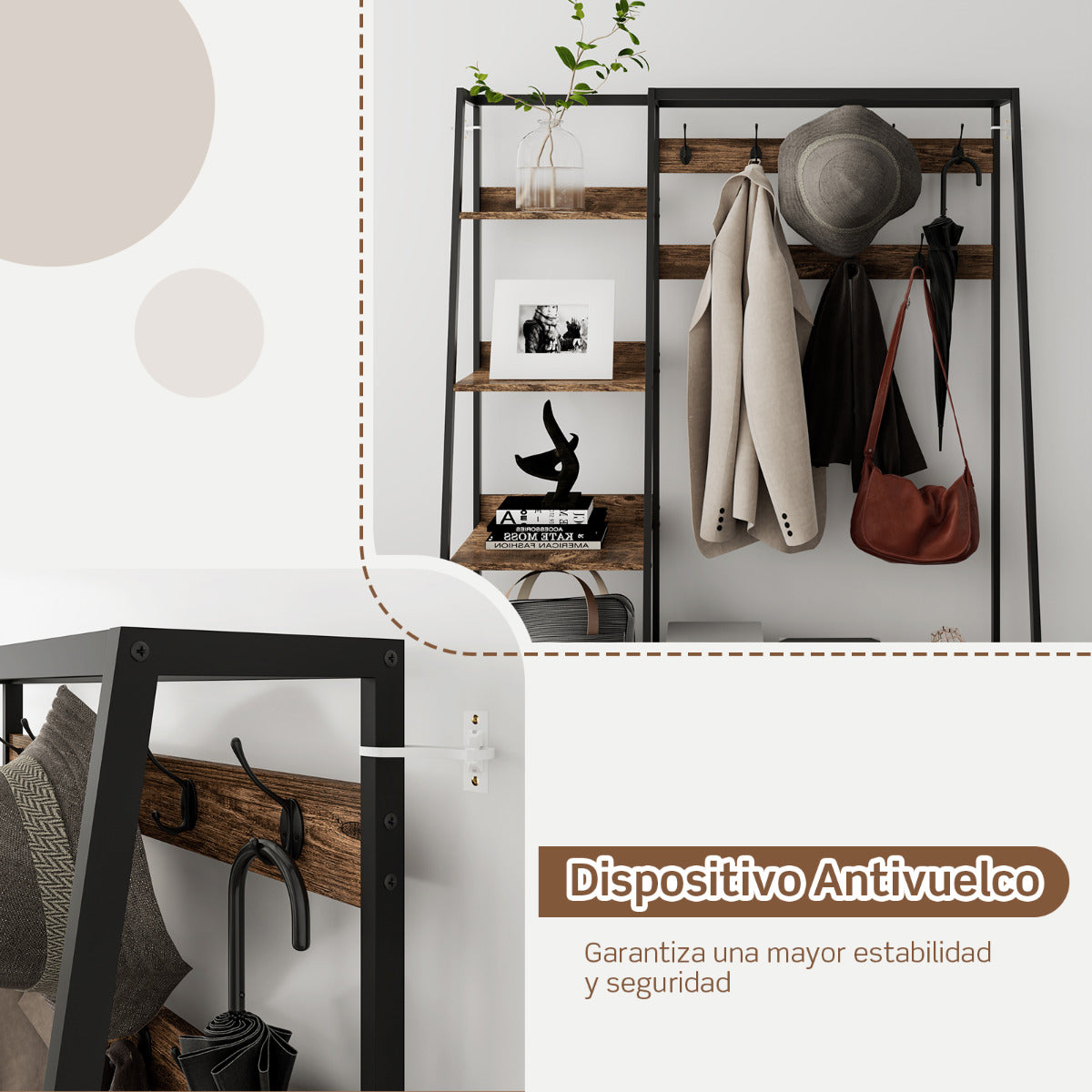 Perchero de Ropa con Banco y Zapatero Guardarropa Industrial con Banco de Entrada 2 Cajones 6 Estantes 9 Danchos 122 x 40 x 180 cm Marrón