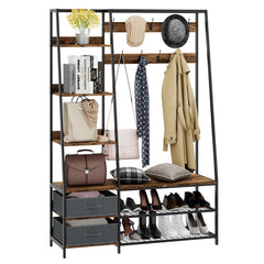 Perchero de Ropa con Banco y Zapatero Guardarropa Industrial con Banco de Entrada 2 Cajones 6 Estantes 9 Danchos 122 x 40 x 180 cm Marrón