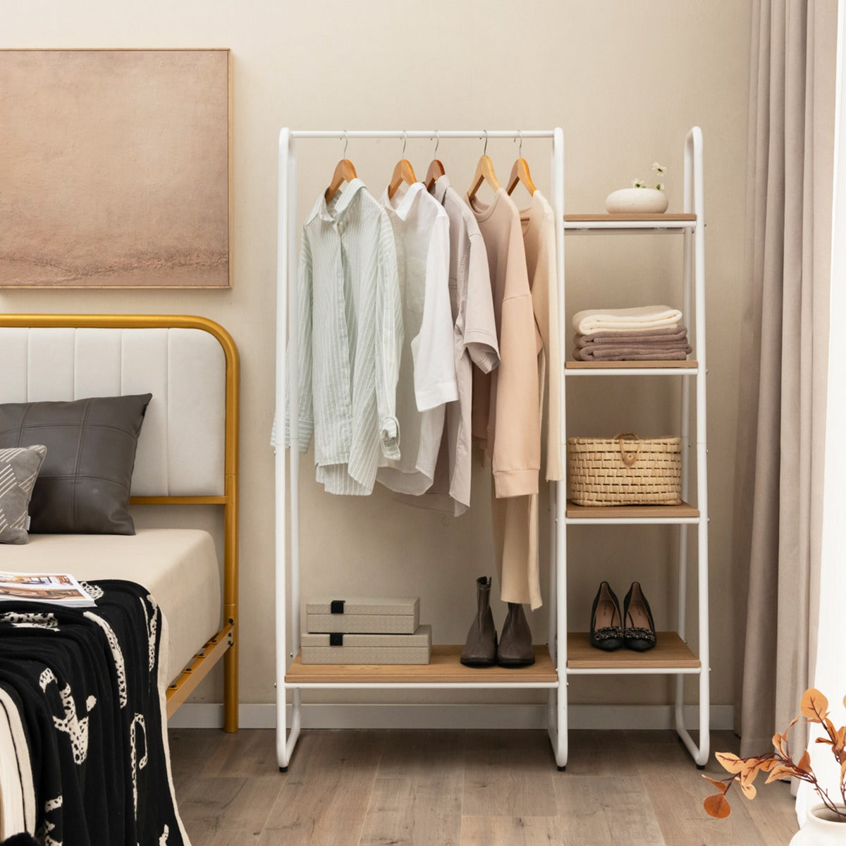 Perchero Burro Ropa de Madera con Armario Portátil 5 Niveles Estantes de Almacenamiento para Colgar Ropa 99,5 x 40 x 151 cm Natural