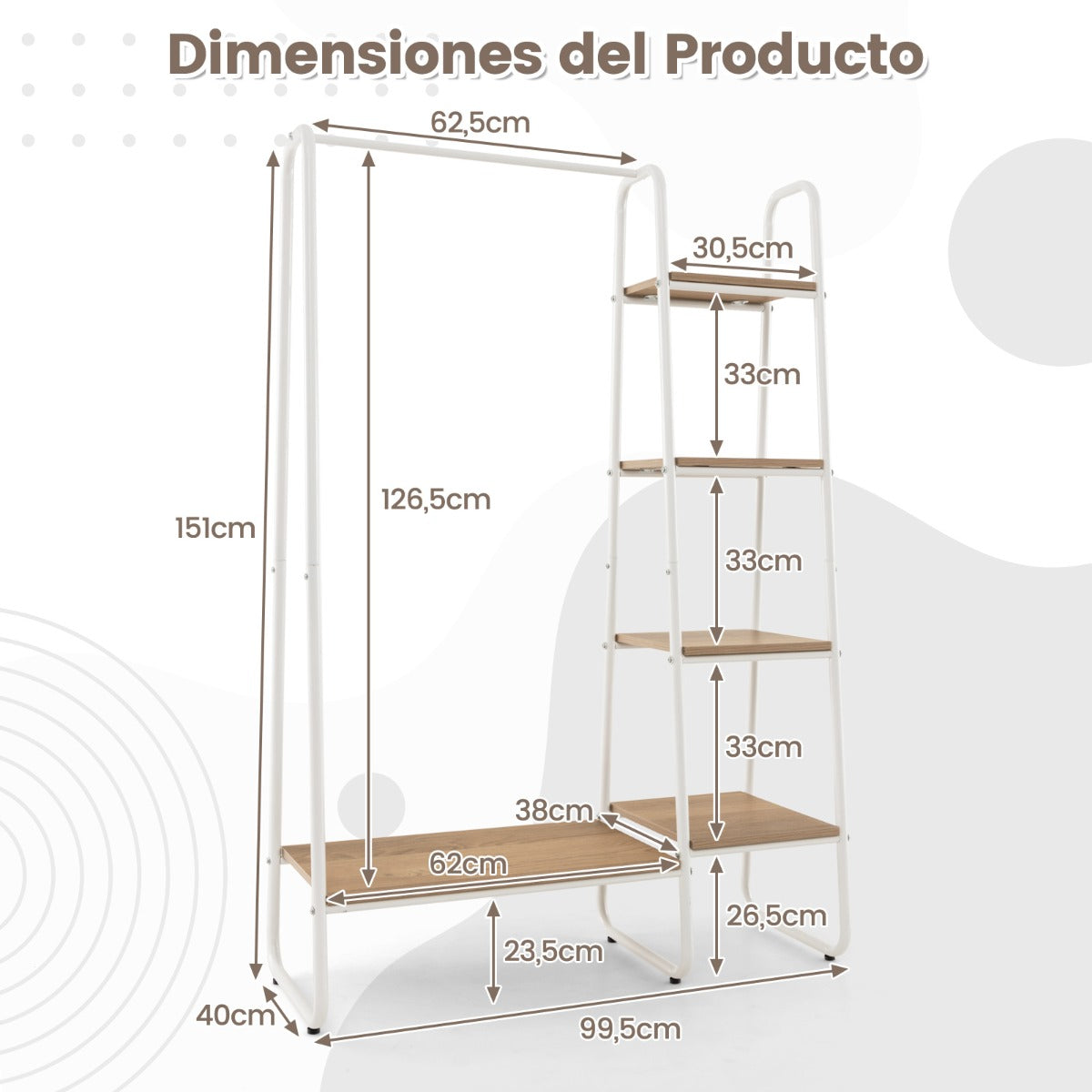 Perchero Burro Ropa de Madera con Armario Portátil 5 Niveles Estantes de Almacenamiento para Colgar Ropa 99,5 x 40 x 151 cm Natural