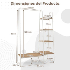 Perchero Burro Ropa de Madera con Armario Portátil 5 Niveles Estantes de Almacenamiento para Colgar Ropa 99,5 x 40 x 151 cm Natural