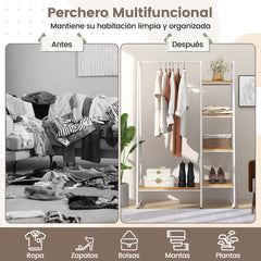 Perchero Burro Ropa de Madera con Armario Portátil 5 Niveles Estantes de Almacenamiento para Colgar Ropa 99,5 x 40 x 151 cm Natural