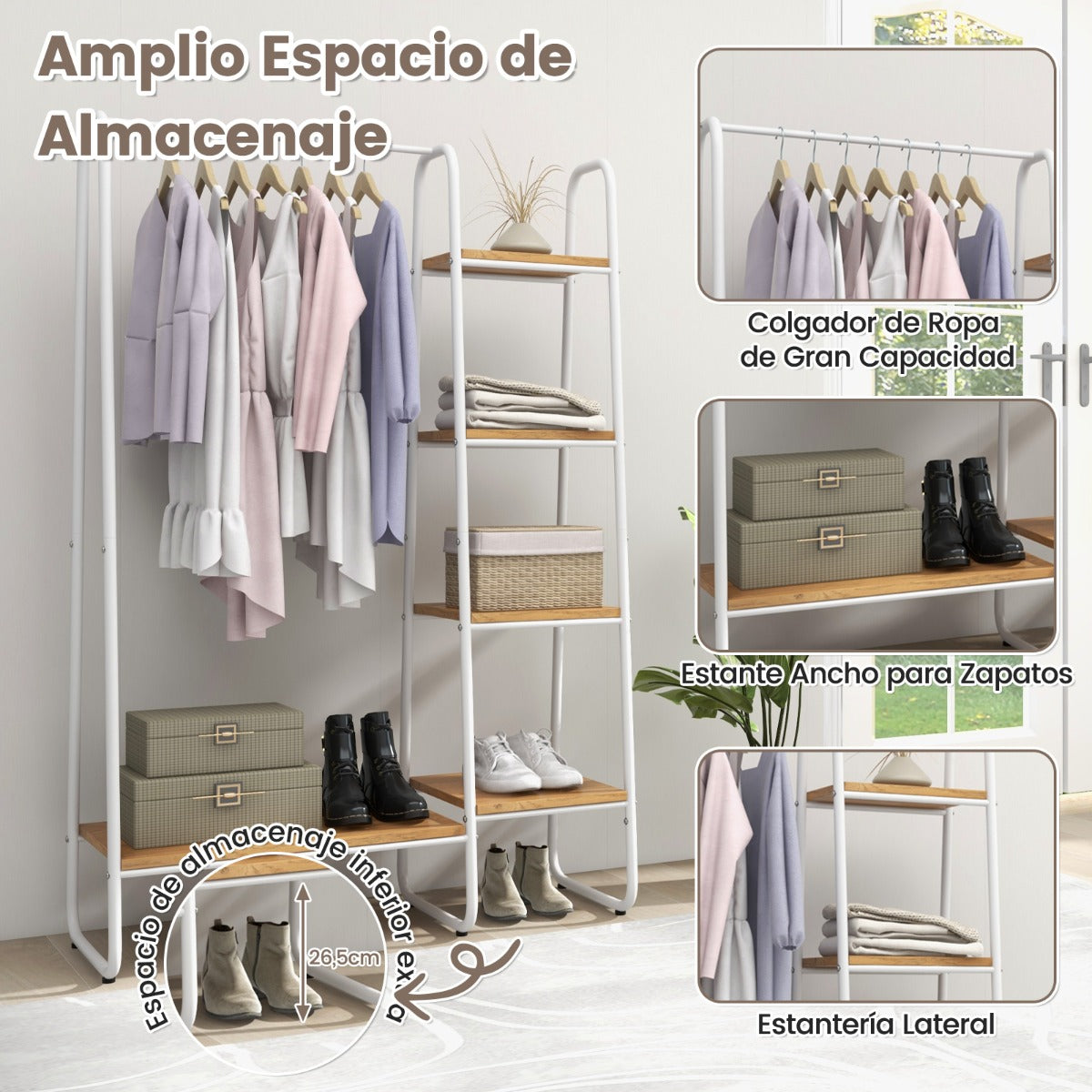 Perchero Burro Ropa de Madera con Armario Portátil 5 Niveles Estantes de Almacenamiento para Colgar Ropa 99,5 x 40 x 151 cm Natural